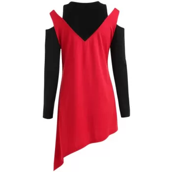 Two Tones Long leeve Cutout T-shirt - Red