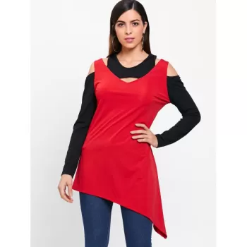 Two Tones Long leeve Cutout T-shirt - Red