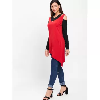 Two Tones Long leeve Cutout T-shirt - Red