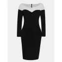 V Neck and Long Sleeve Patchwork Color Bodycon Dress - Black