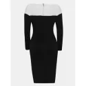 V Neck and Long Sleeve Patchwork Color Bodycon Dress - Black