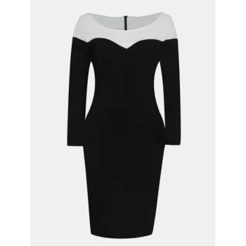 V Neck and Long Sleeve Patchwork Color Bodycon Dress - Black