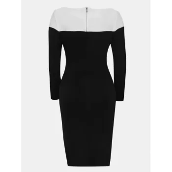 V Neck and Long Sleeve Patchwork Color Bodycon Dress - Black