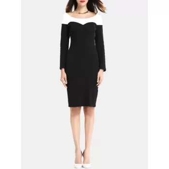 V Neck and Long Sleeve Patchwork Color Bodycon Dress - Black