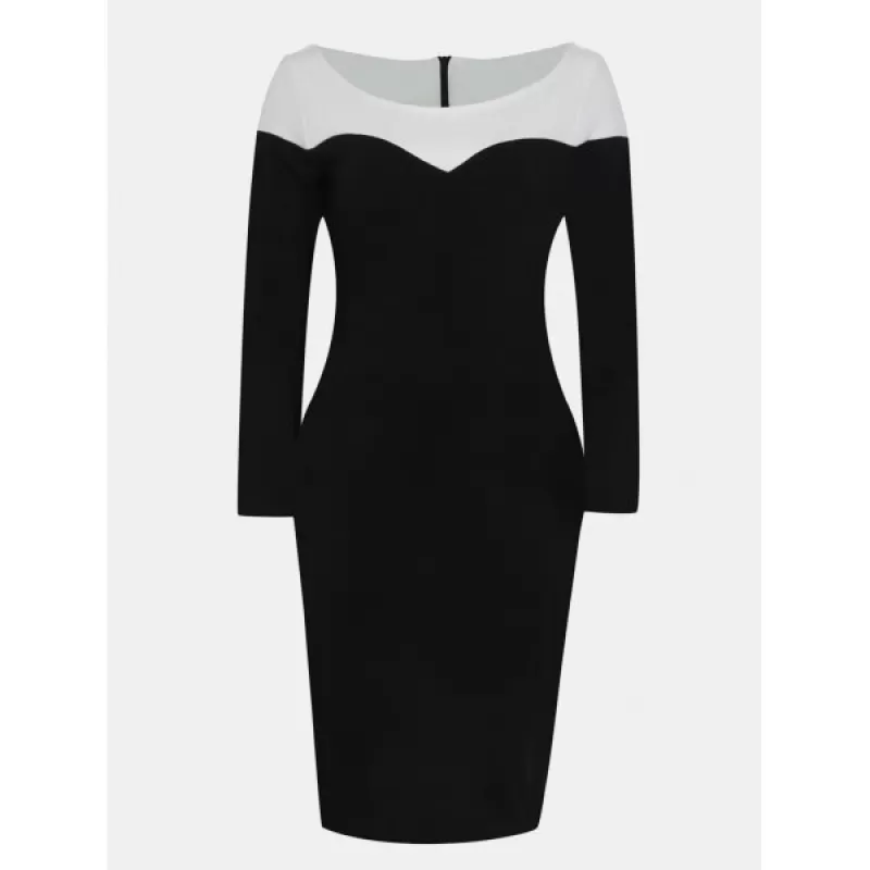 V Neck and Long Sleeve Patchwork Color Bodycon Dress - Black