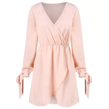 V Neck Asymmetrical Surplice Dress - Light Pink