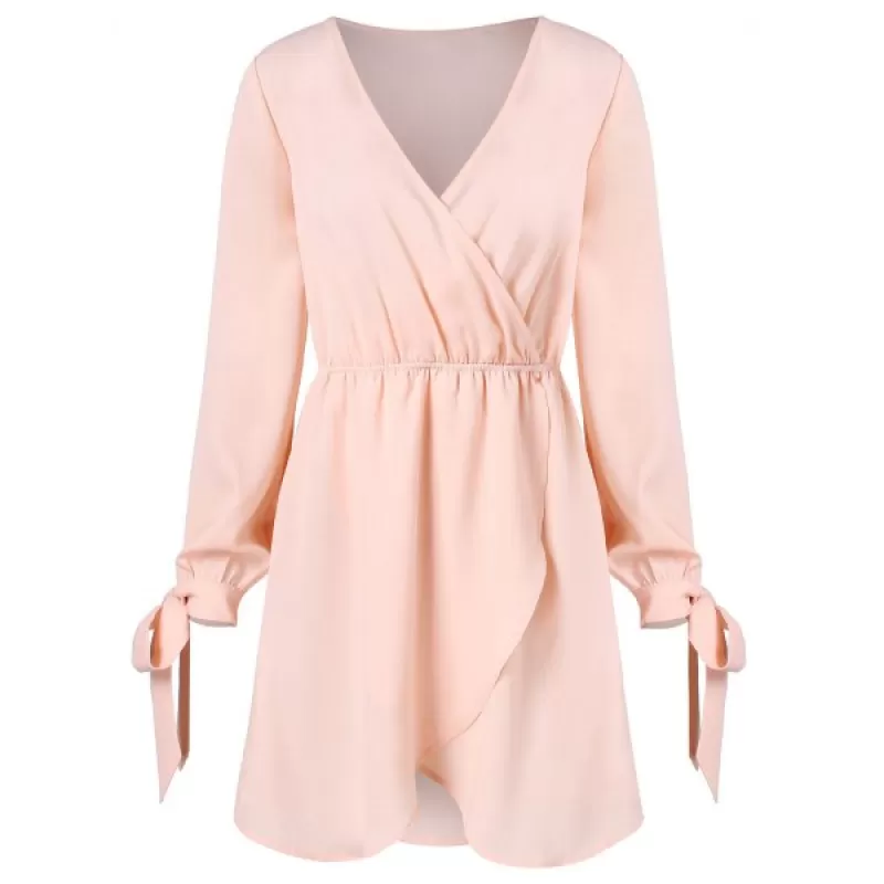 V Neck Asymmetrical Surplice Dress - Light Pink