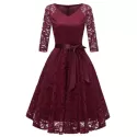 V Neck Bow Belted A ine Dress - Red Wine