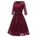 V Neck Bow Belted A ine Dress - Red Wine