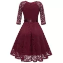 V Neck Bow Belted A ine Dress - Red Wine