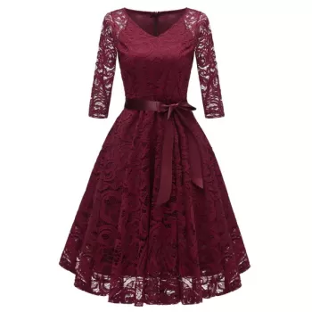 V Neck Bow Belted A ine Dress - Red Wine