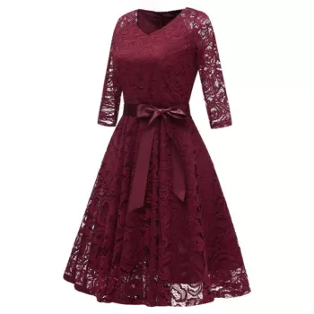 V Neck Bow Belted A ine Dress - Red Wine