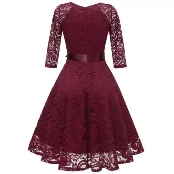 V Neck Bow Belted A ine Dress - Red Wine