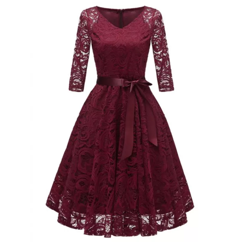 V Neck Bow Belted A ine Dress - Red Wine