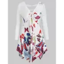 V Neck Butterfly Print Asymmetrical T Shirt - ulti-a