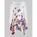 V Neck Butterfly Print Asymmetrical T Shirt - ulti-a