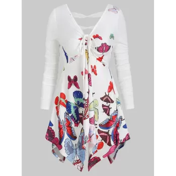 V Neck Butterfly Print Asymmetrical T Shirt - ulti-a