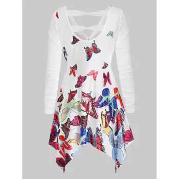 V Neck Butterfly Print Asymmetrical T Shirt - ulti-a