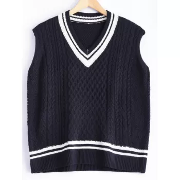 V-Neck Cable-Knit Striped Knitwear - Cadetblue One