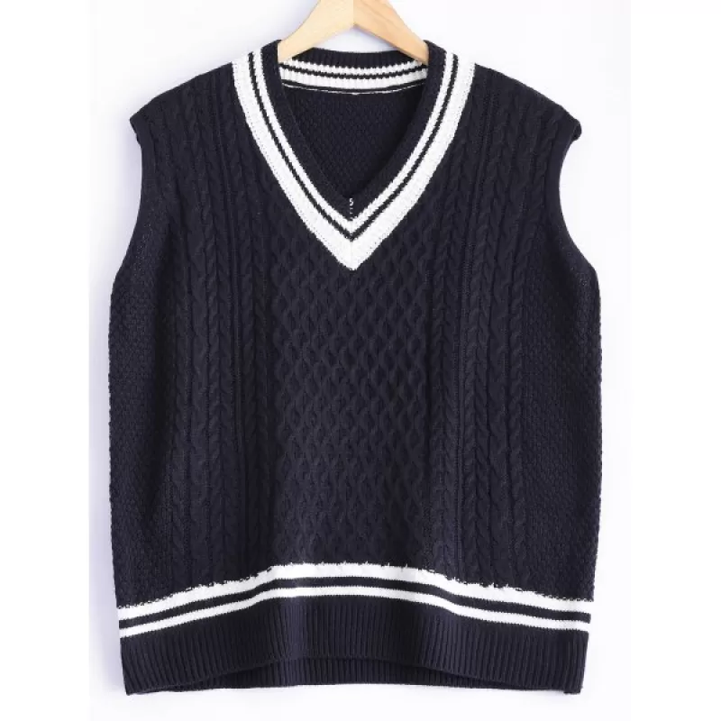 V-Neck Cable-Knit Striped Knitwear - Cadetblue One