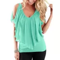V Neck Chiffon Flounce Cold Shoulder Top - Celeste