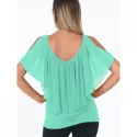 V Neck Chiffon Flounce Cold Shoulder Top - Celeste