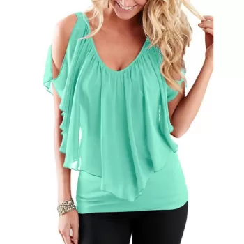 V Neck Chiffon Flounce Cold Shoulder Top - Celeste