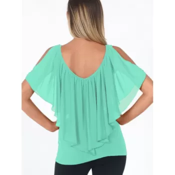 V Neck Chiffon Flounce Cold Shoulder Top - Celeste