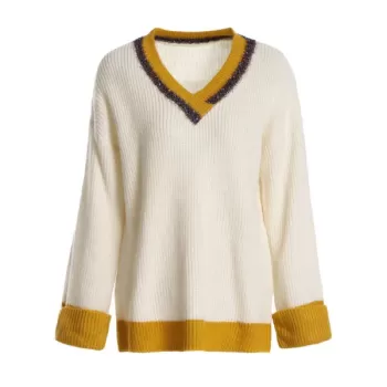 V Neck Drop Shoulder Cricket Sweater - Beige One