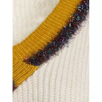 V Neck Drop Shoulder Cricket Sweater - Beige One