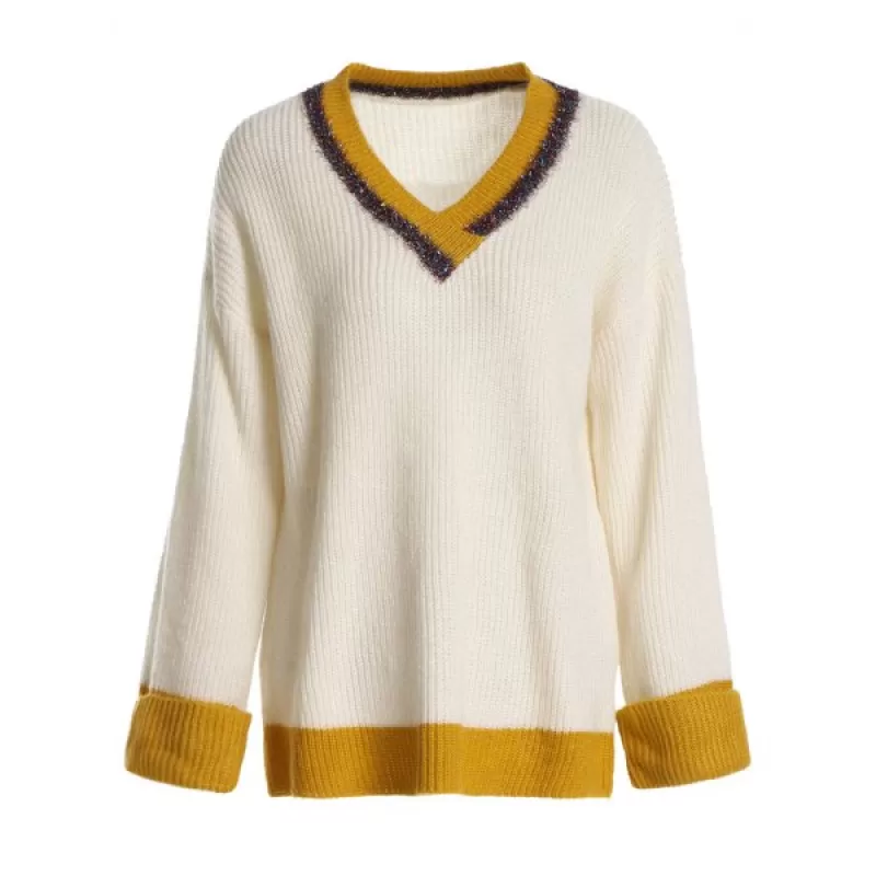 V Neck Drop Shoulder Cricket Sweater - Beige One