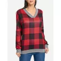 V Neck Drop Shoulder Plaid T-shirt - Red