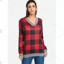 V Neck Drop Shoulder Plaid T-shirt - Red