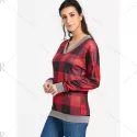 V Neck Drop Shoulder Plaid T-shirt - Red