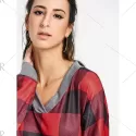 V Neck Drop Shoulder Plaid T-shirt - Red