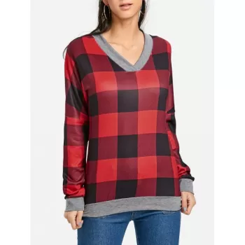 V Neck Drop Shoulder Plaid T-shirt - Red
