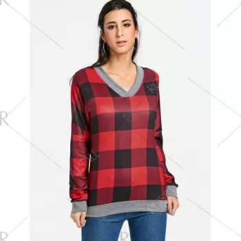 V Neck Drop Shoulder Plaid T-shirt - Red