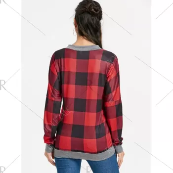 V Neck Drop Shoulder Plaid T-shirt - Red
