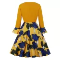 V Neck Floral Fit and Flare Dress - Yellow