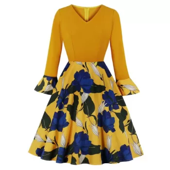 V Neck Floral Fit and Flare Dress - Yellow
