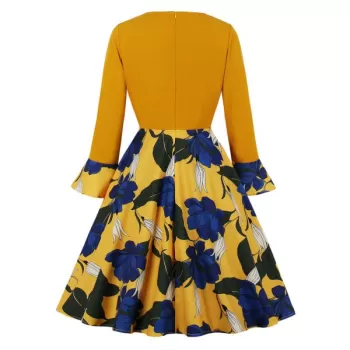 V Neck Floral Fit and Flare Dress - Yellow