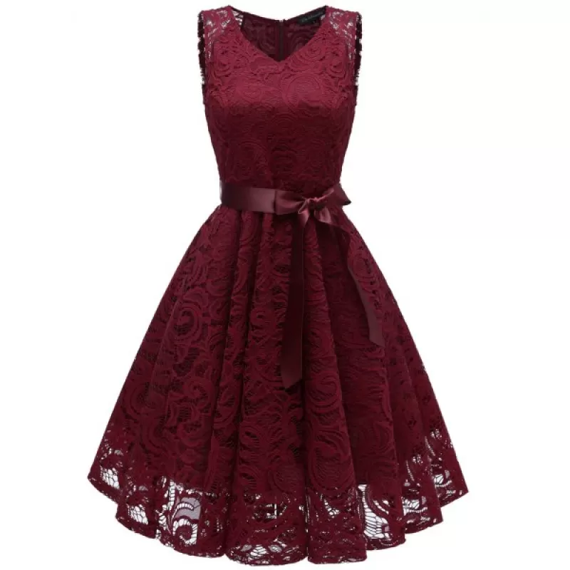V Neck ace A ine Sleeveless Dress - Red Wine