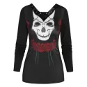 V Neck Long Sleeve Printed T Shirt - Black