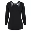 V Neck Long Sleeve Printed T Shirt - Black
