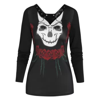 V Neck Long Sleeve Printed T Shirt - Black