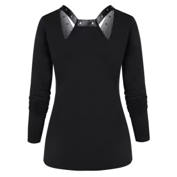 V Neck Long Sleeve Printed T Shirt - Black