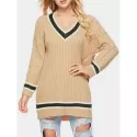 V Neck Longline Striped Sweater - Tan One