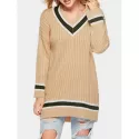 V Neck Longline Striped Sweater - Tan One