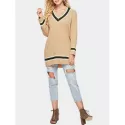V Neck Longline Striped Sweater - Tan One