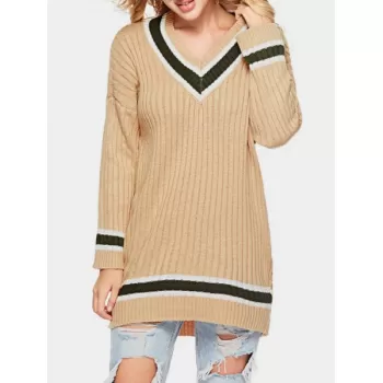 V Neck Longline Striped Sweater - Tan One